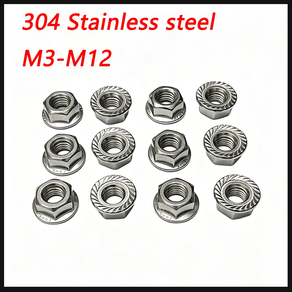 304 Stainless Steel Hexagon Flange Nut DIN6923 Self Locking Anti Loose Lock Nut M3-M20 50PCS/LOT