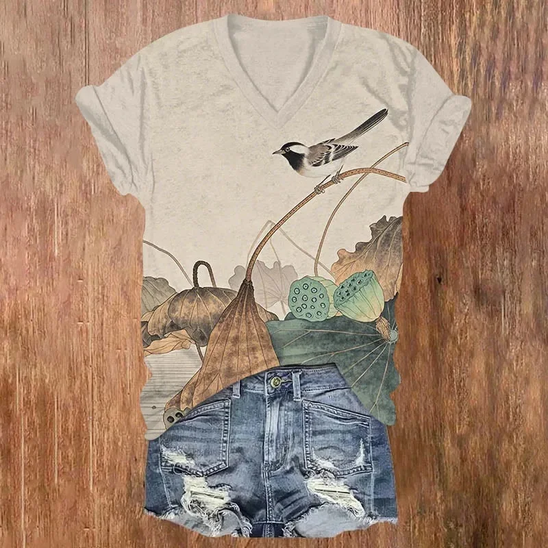 Fotografia 3: Camiseta vintage Morning Sun Chickadee View com estampa de manga curta e decote em V, camisetas femininas de verão