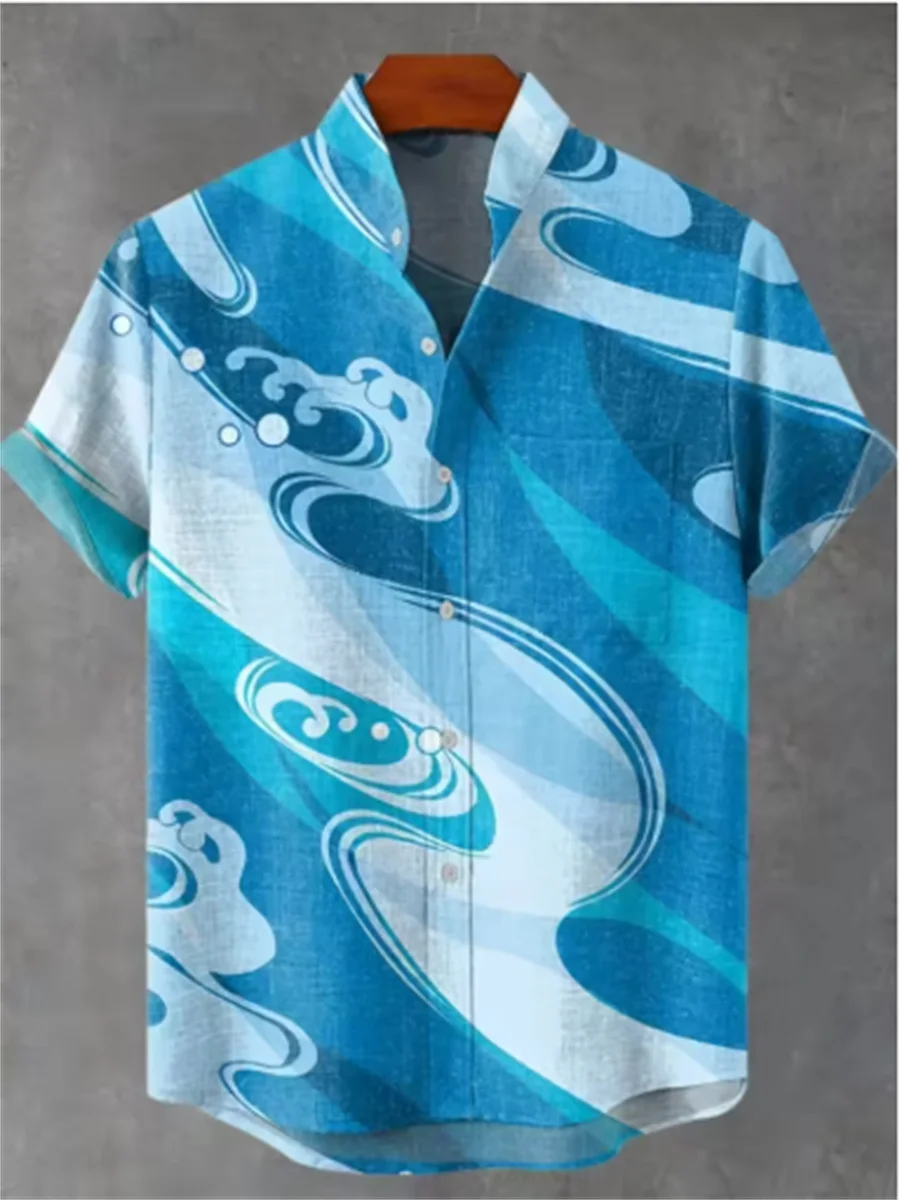 Men's Summer Short Sleeve Shirt Digital Print Linen Shirt Ocean Wave Octopus Pattern Casual Everyday Top