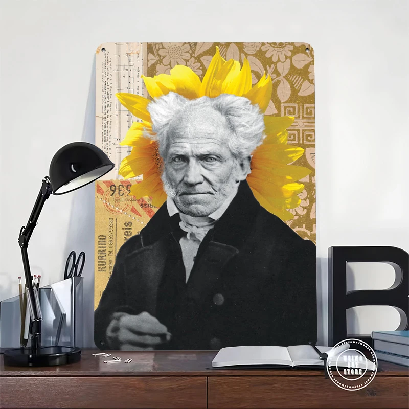 Arthur Schopenhauer Collage Metal Poster Customized Wall Art Retro Vintage Metal Signs for Man Cave Room Decoration Desk Decor