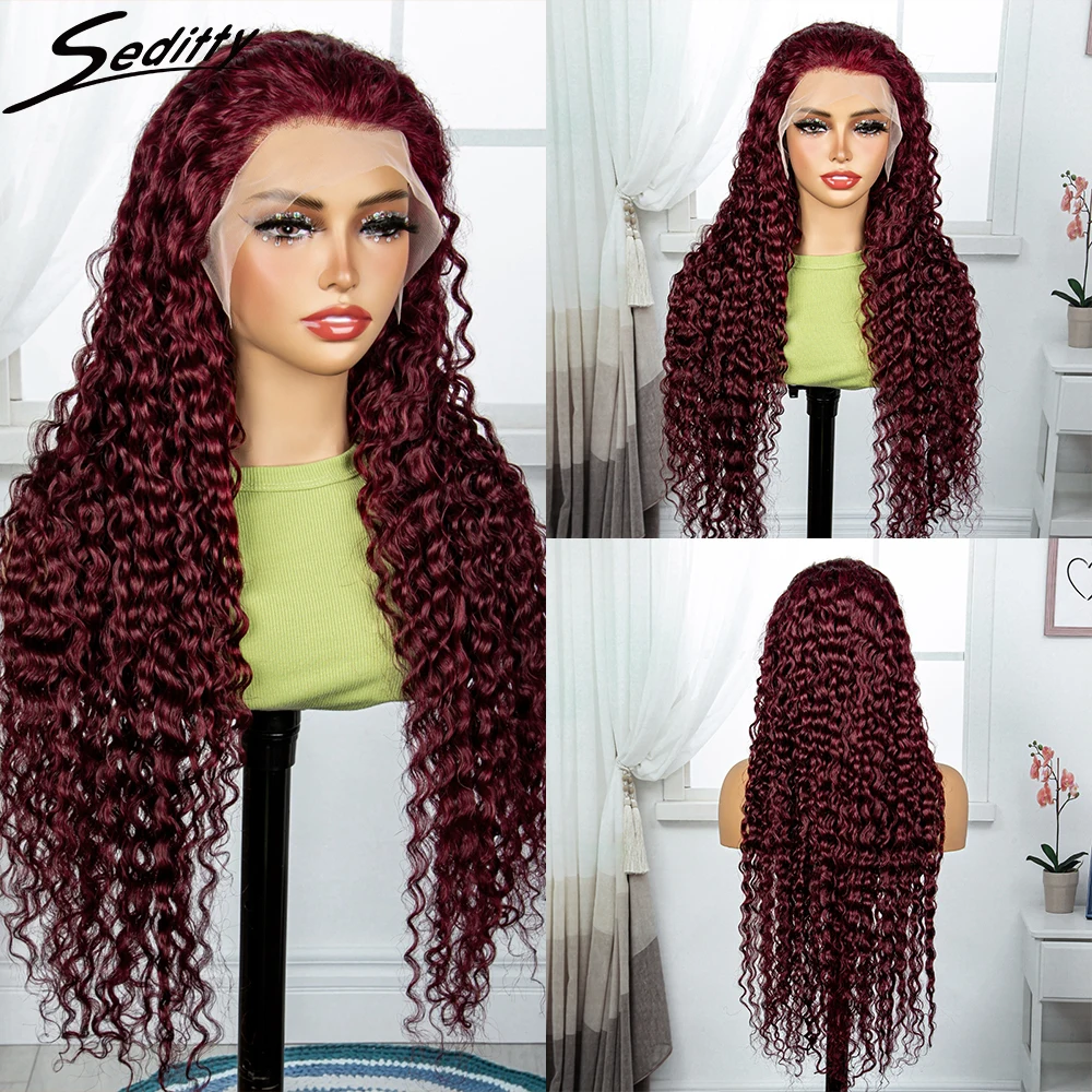 

250% Density Jerry Curly Human Hair Wigs 13x4 HD Transparent Frontal Wig Burgundy 99J Deep Curly 22-34inches for Black Women