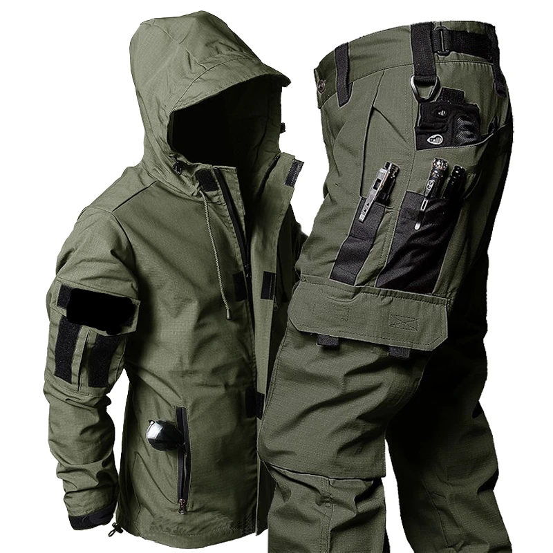 Military Bomber Sets Men Multi-pocket Waterproof Tactical Jackets+Wear-resistant Cargo Pants 2 Pcs Suits Army Ripstop Combat Set