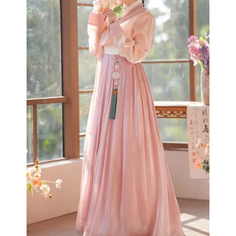 

Элегантное розовое корейское ханбок-платье для традиционных народных танцев, сценический костюм для выступлений этнических меньшинств для женщин