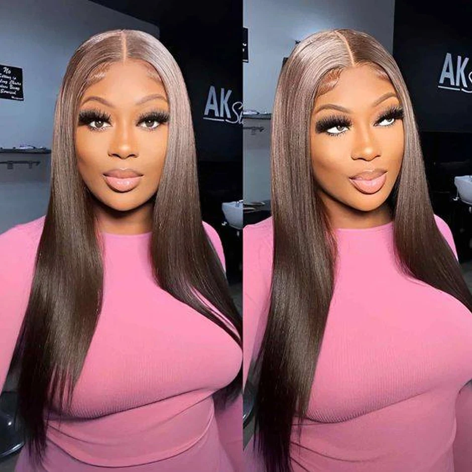 13x4 HD Chocolate Brown Straight Lace Front Wig Human Hair 220% Pre Plucked Straight Lace Frontal Wig With Ear To Ear Lace Wigs