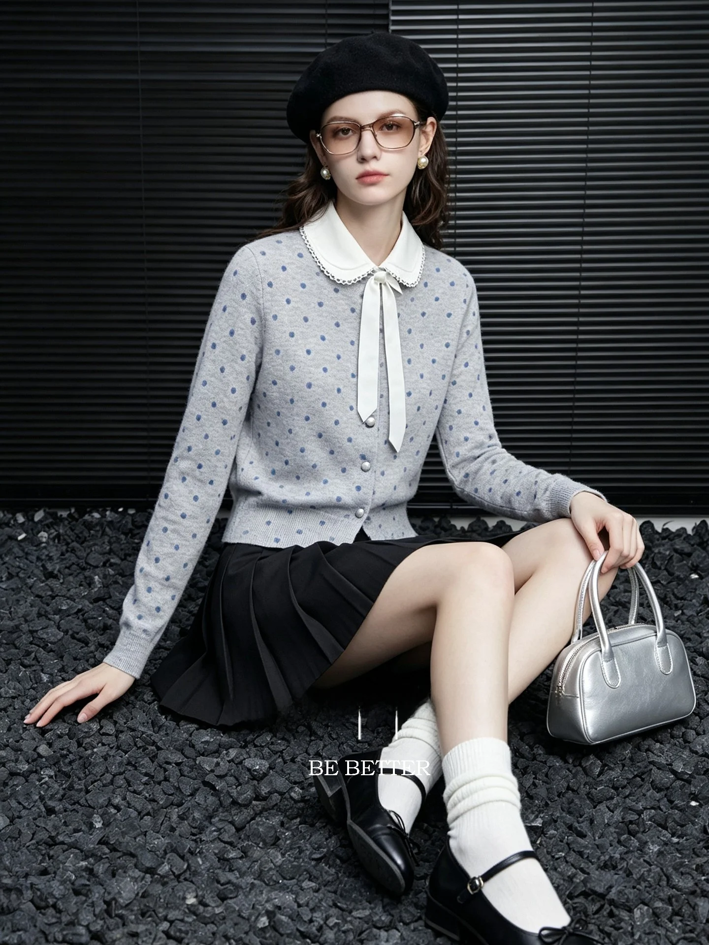 Huaappuw Vintage Blue Heart Polka Dot Knitted Sweater round Neck Open Cardigan Outerwear French Style Slim Fit Wool Blend