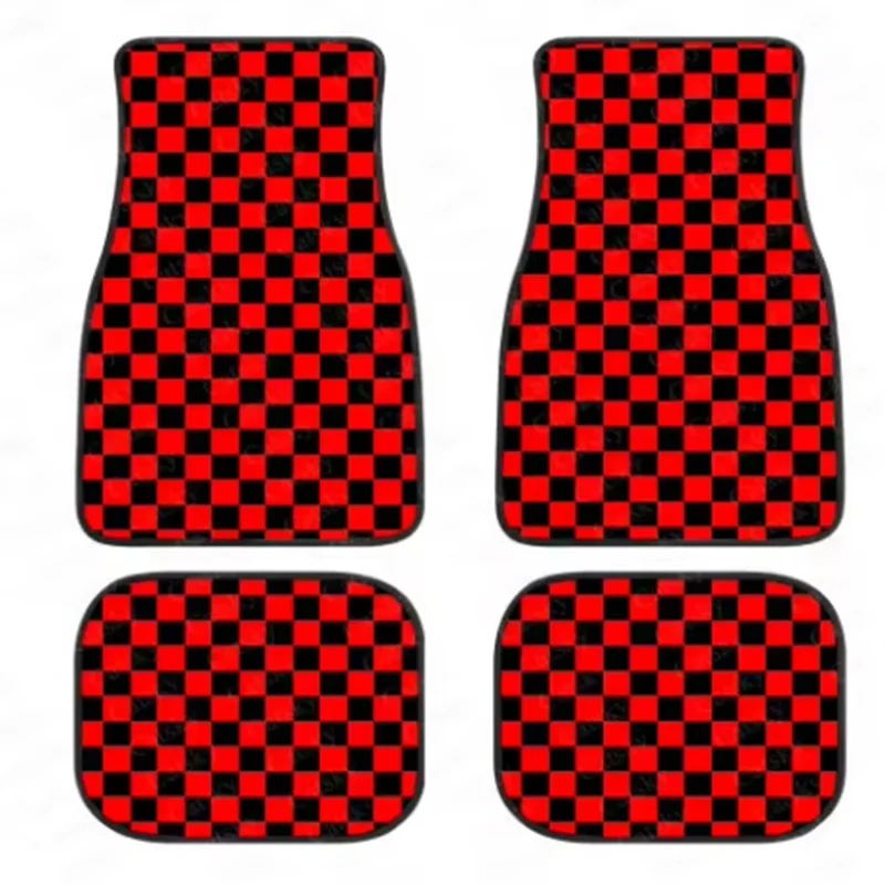 

Black White Race Checkered Flag Pattern Car Floor Mats 4-Piece Front Rear Protection Set Carpet Universal All Weather