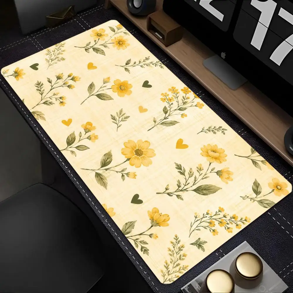 Aesthetic Floral Large Desk Mat Papercraft Yellow Daisy Heart Design Mousepad Cute Green Leaves Keyboard Pad for Home Office Use
