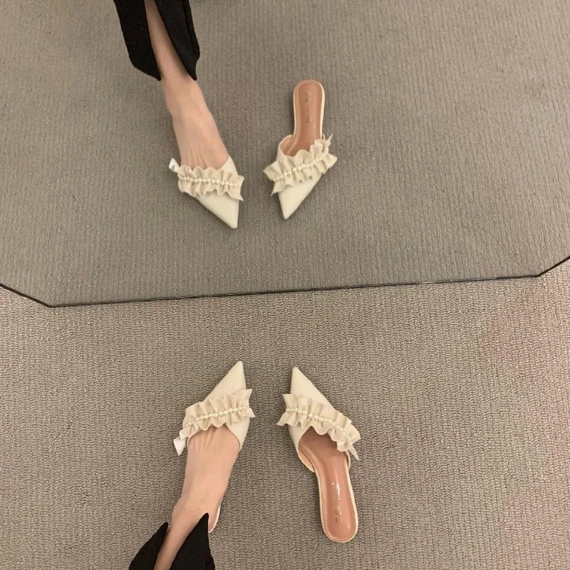 Płaskie sandały Mules Pointed Toe Outside Woman Slippers Shoes for Women Slides Lace Job Apricot Sale on Offer Korea Style I Vip G