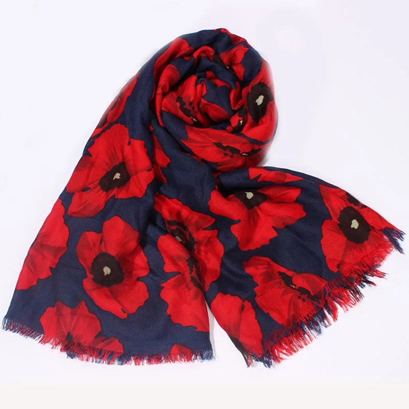 Fashion Vintage Cotton Big Poppy Print Scarf Hijab Long Women Flower Fringe Muffler Shawls Scarve Mix 5 Color