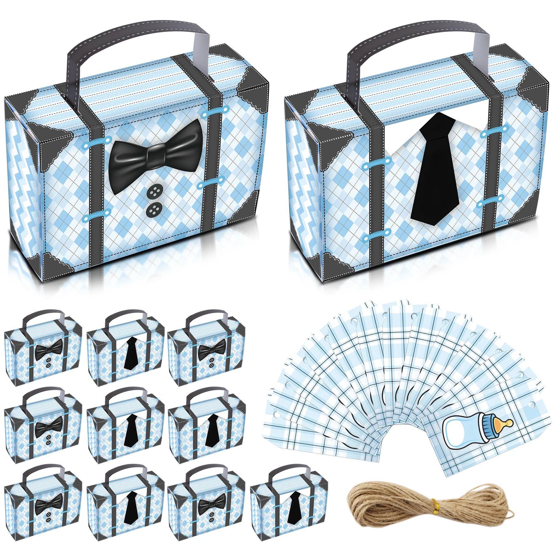 12PCS, Mini Baby Boy Boss Theme Party Favor Suitcase Goodie Boxes with Baby Feeding Bottle Gift Tag Cards