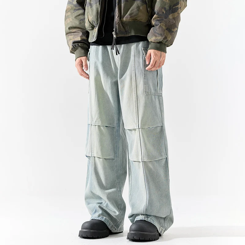 

Мужские рабочие джинсы, осенние, в американском ретро-стиле, с плиссировкой, широкие брюки, длинные, весна-осень, мужские повседневные брюки