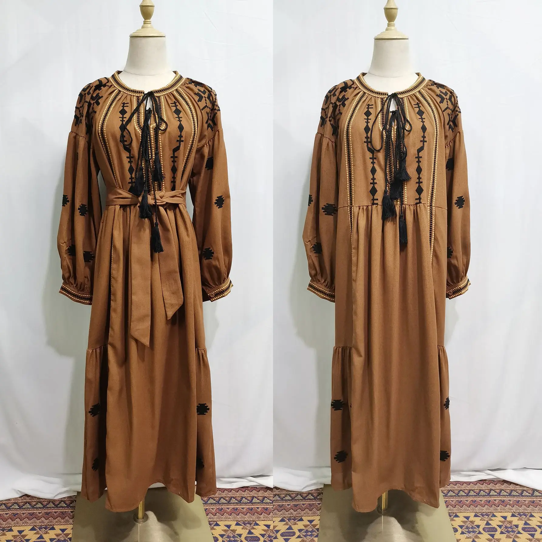 Women Spring Autumn Dress Vintage Ethnic Style Ukraine Lantern Long Sleeve Embroidered Round Neck A-line Cotton Linen Dresses