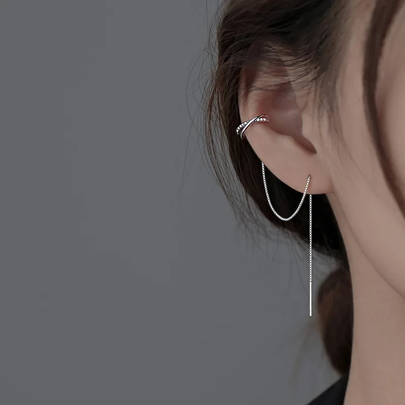 Real 925 Sterling Silver Double Chain Clip On Earring Ear Cuff For Women Without Piercing Earring Jewelry Huggies DB1352 - view 3
