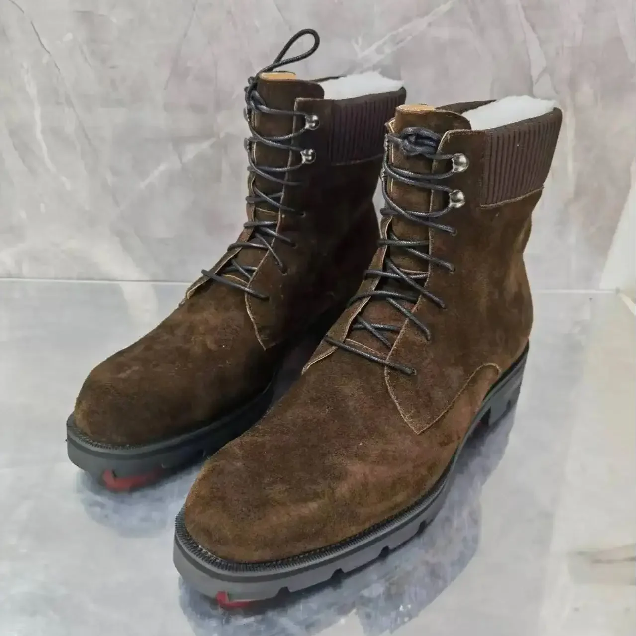 

Red Sole Brown Leather Flannel Lace-Up Short Boots For Men Round Toe Thick Chunky Mid Heels Boats Male Winter Snow Shoes Outwear