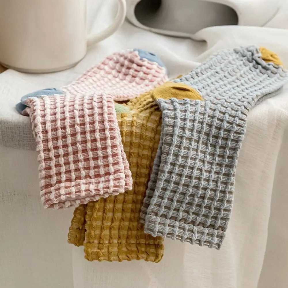 5 Pairs Comfortable Cotton Blend Crew Socks Mid Calf Soft Plaid Socks Knit Pattern Elastic Cuff Casual Socks Home Lounging