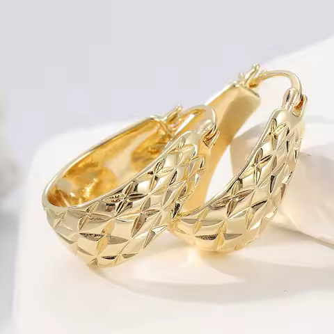 Elegant Grid Pattern Carved Hoop Earrings Women's Gold Color Luxury Accessories Fashion Graceful Jewelry For Wedding Party