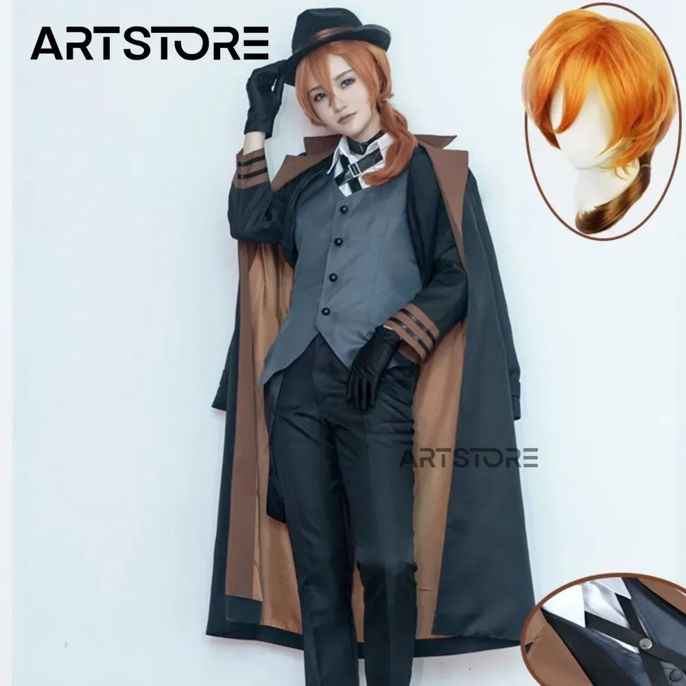 Bungou stray Dogs nakahara chuuya หมวกวิกชุดคอสเพลย์ผู้หญิงเสื้อโค้ทรองเท้าชุด BSD chuya nakahara ชุดปาร์ตี้ฮาโลวีน