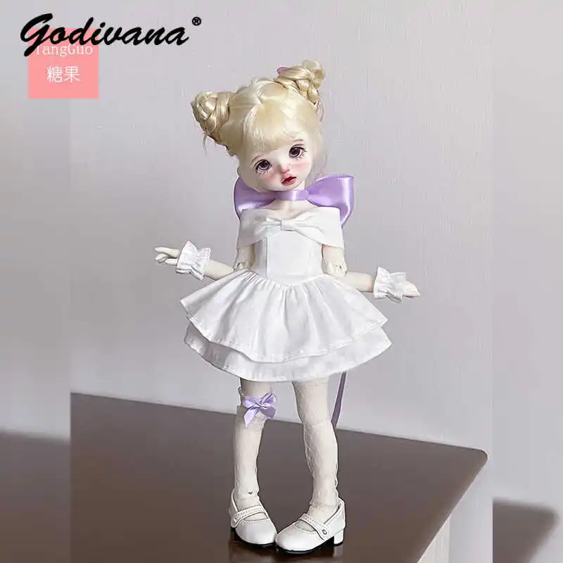 1/6 BJD Doll Clothes Sweet Elegant White Mini Dress Set Satin Bow Choker Shoulder Decor Asymmetrical Lace Socks for 1/6 BJD Doll