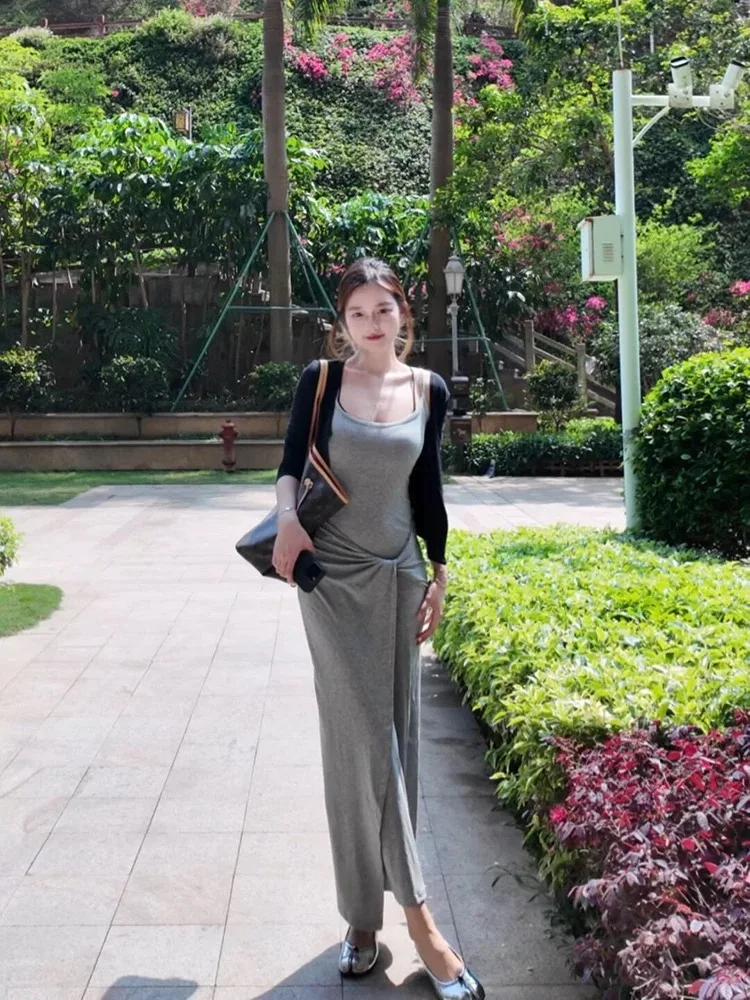 

Gray Knot Design Strapless Dress Women's Slimming Long Skirt High Waist Commute Style Korean Fashion plus Size Summer Dress