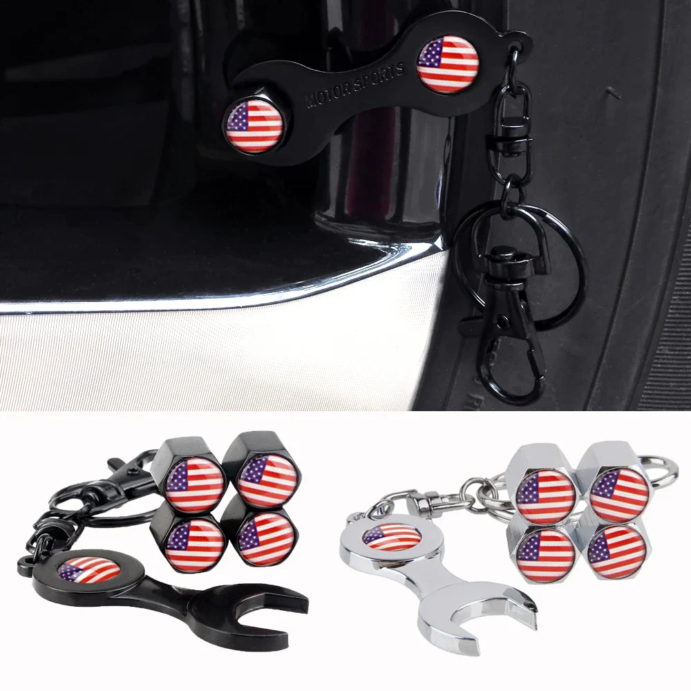 4PCS America Flag Car Wheel Tire Valve Caps Tyre Stem Covers with Wrench for BMW Mercedes Renault Citroen Subaru Cadillac Honda