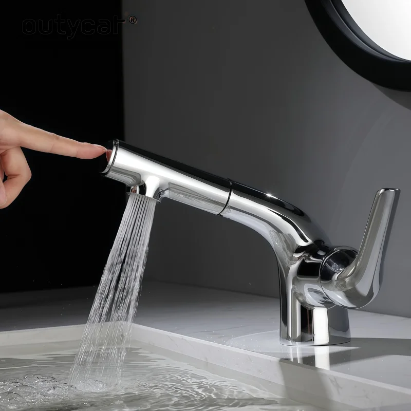 All-Copper Pull-Out Basin Faucet White Bathroom Faucet Pull-Out Dual-Function Faucet