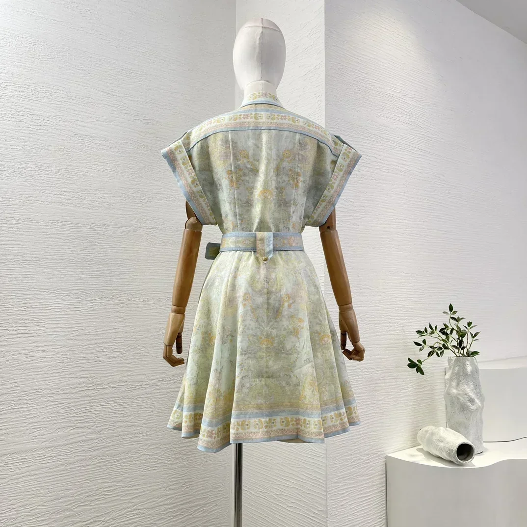 Pure Linen New High Quality Light Green Floral Print Short Sleeve Women Belted Holiday Mini Dress