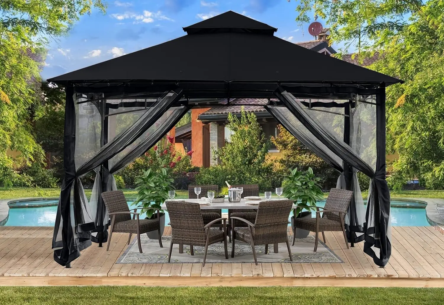 Gazebo 10x12 with Mosquito Netting for Patio Outdoor Garden, Black, Customized