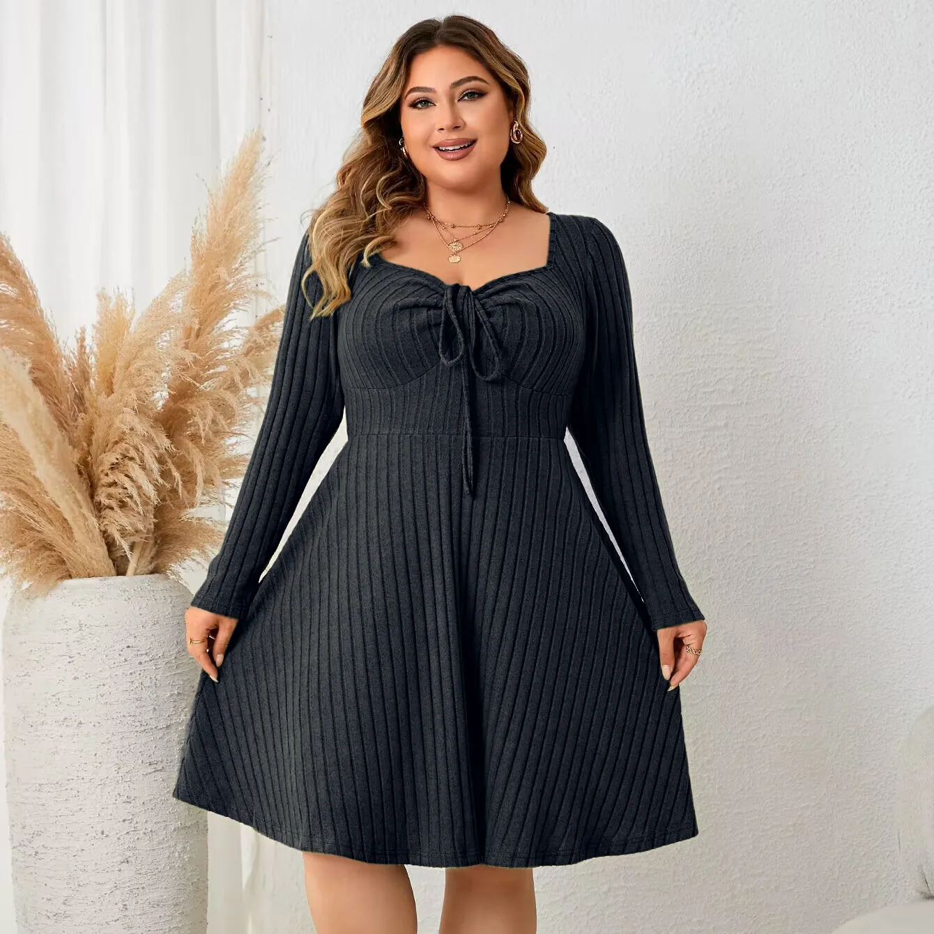 Women Dress Mid Length Dresses A Line Spring Y2k Tops Square Collar Maxi Party Elegant Splice Pleated Slim Fit Vestidos 2025