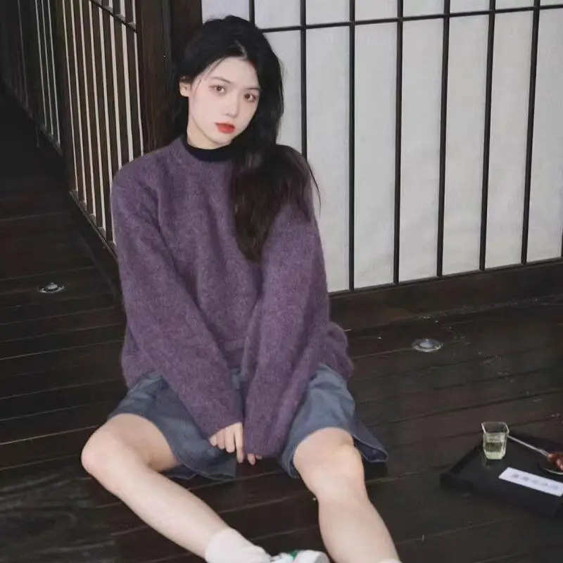 

Ретро-свитер в стиле лоу-эйр, фиолетовый, женский, осенне-зимний, новый, толстый, свободный, с круглым вырезом, вязаный топ, повседневный, модный, теплый, уютный, милый