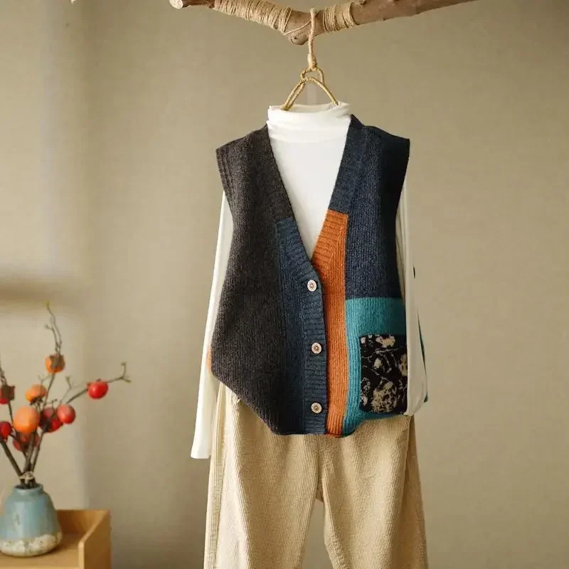 Boho Women Crochet Knit Vest Waistcoat Vintage Colorful Floral Pattern Sleeveless Cardigan for Jacket Hippie V-Neck Crop