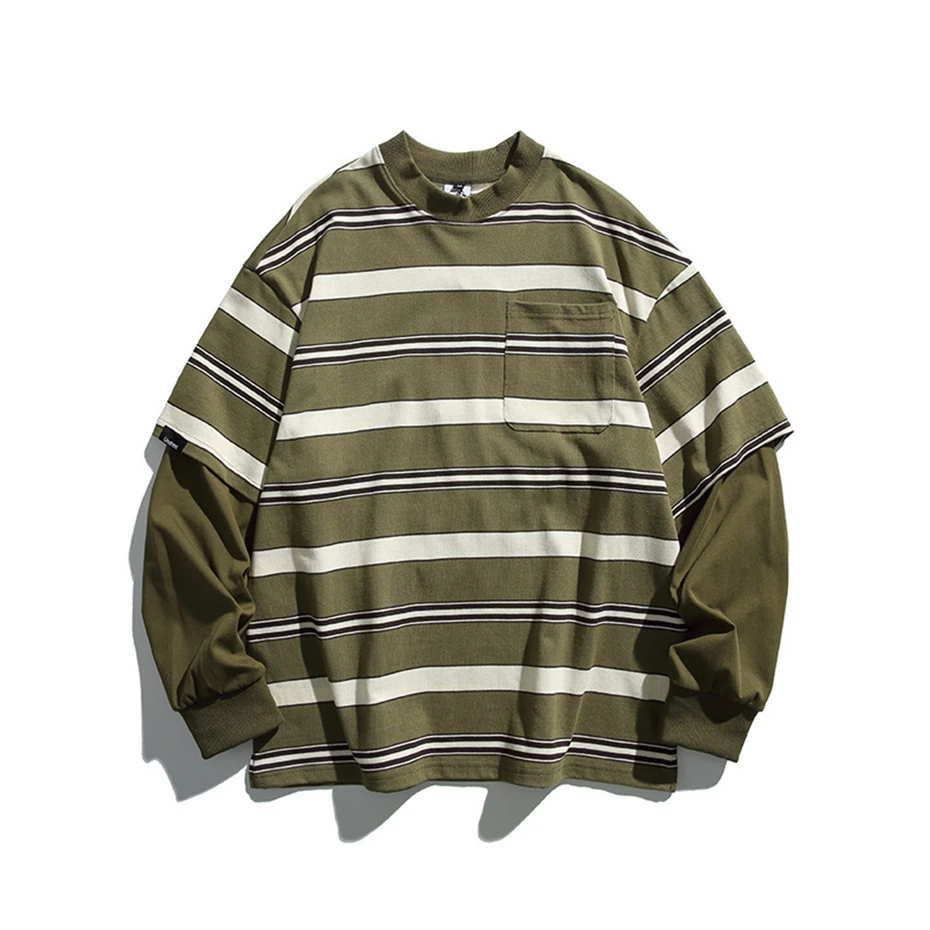 

Fake Two Pieces Striped Sweatshirt Mens Vintage Long Sleeve T-shirt Pullover Oversized Harajuku Japan Style Casual Sweatshirt