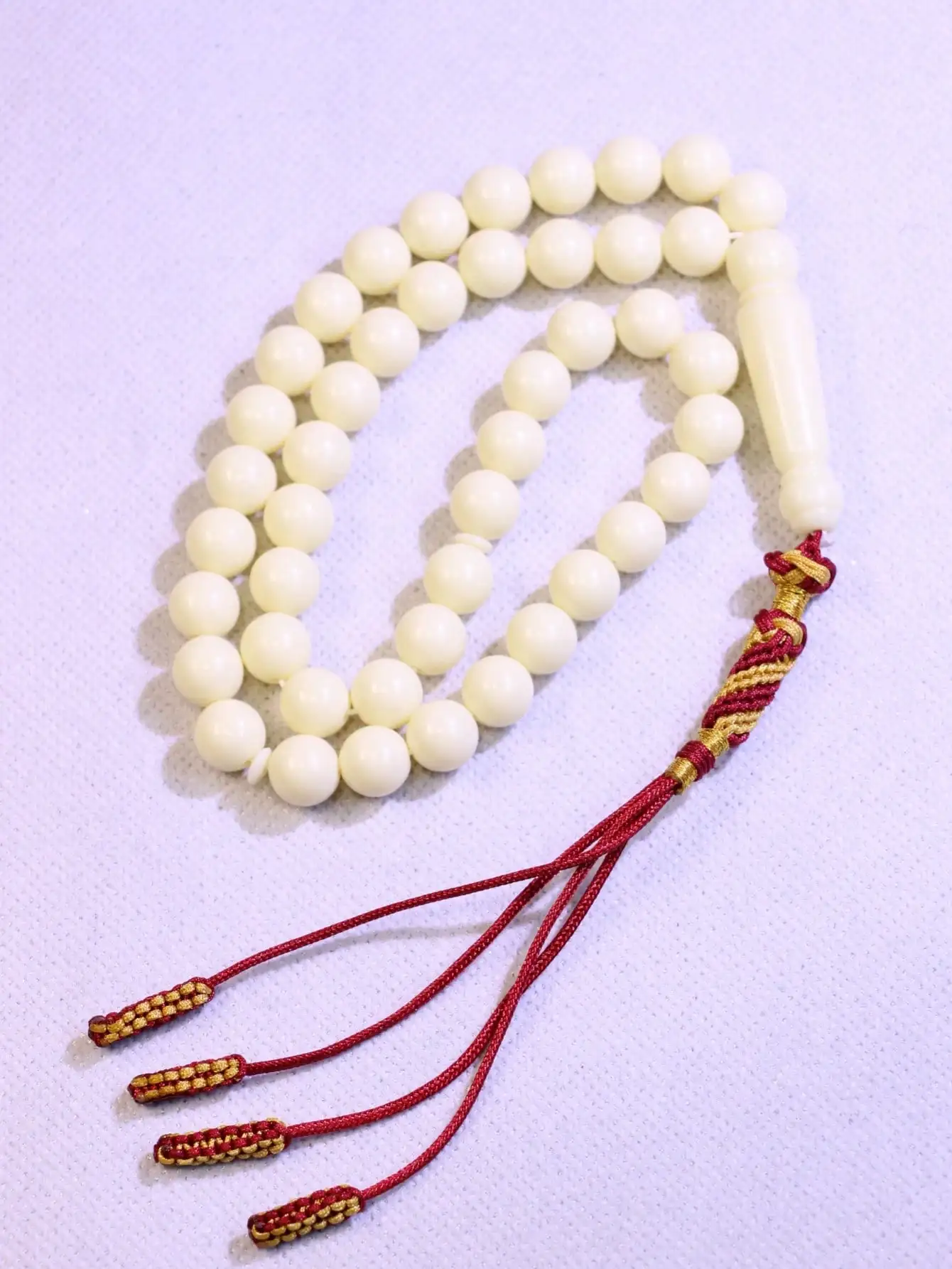 45 Beads 10mm Resin Prayer Beads, Cream White Islamic Tasbih with Handmade Red Tassel, Muslim Misbaha Rosary for Eid Gift Daily