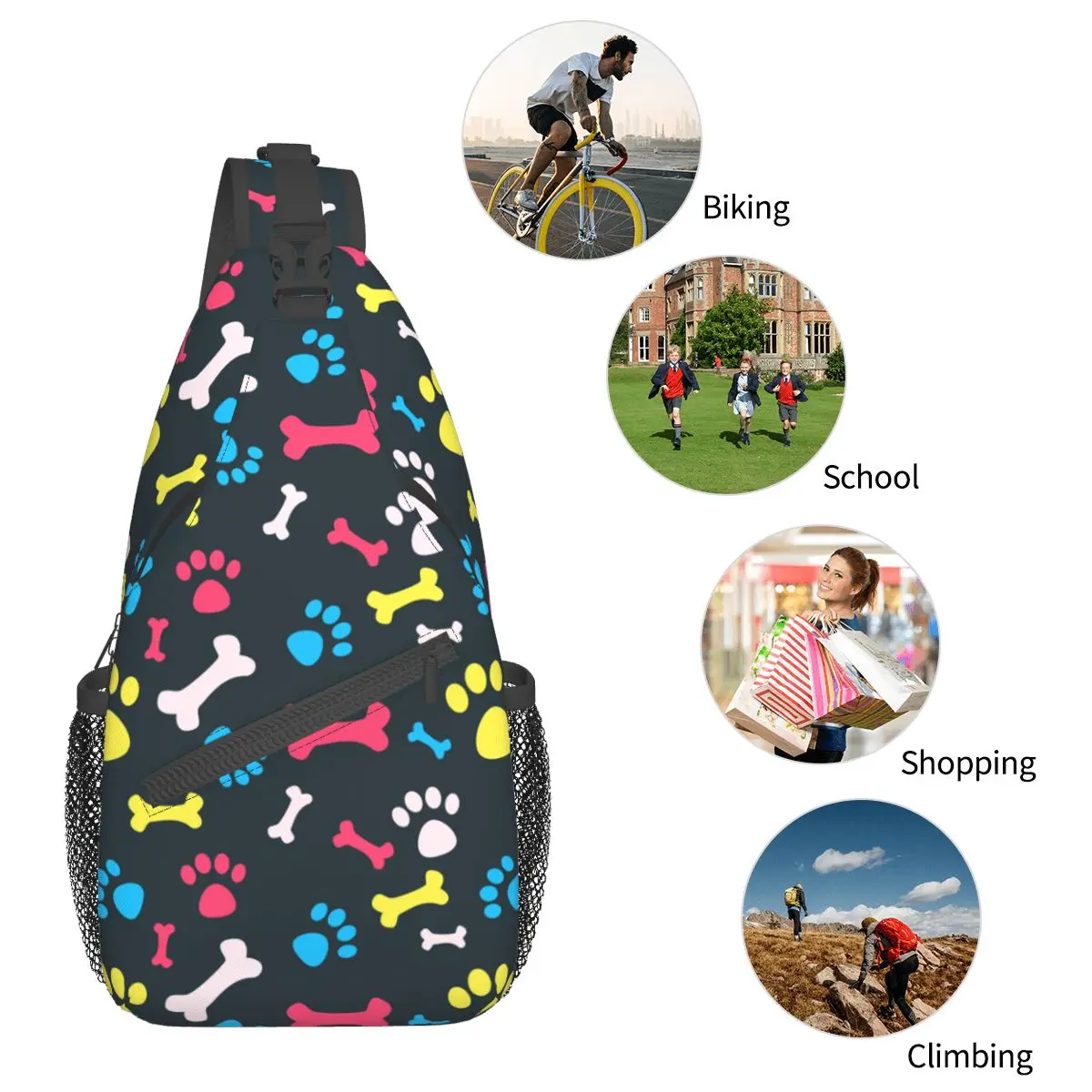 Mochila deportiva con estampado de huesos para exteriores, bolso de hombro cruzado para el pecho, mochila moderna para mascotas