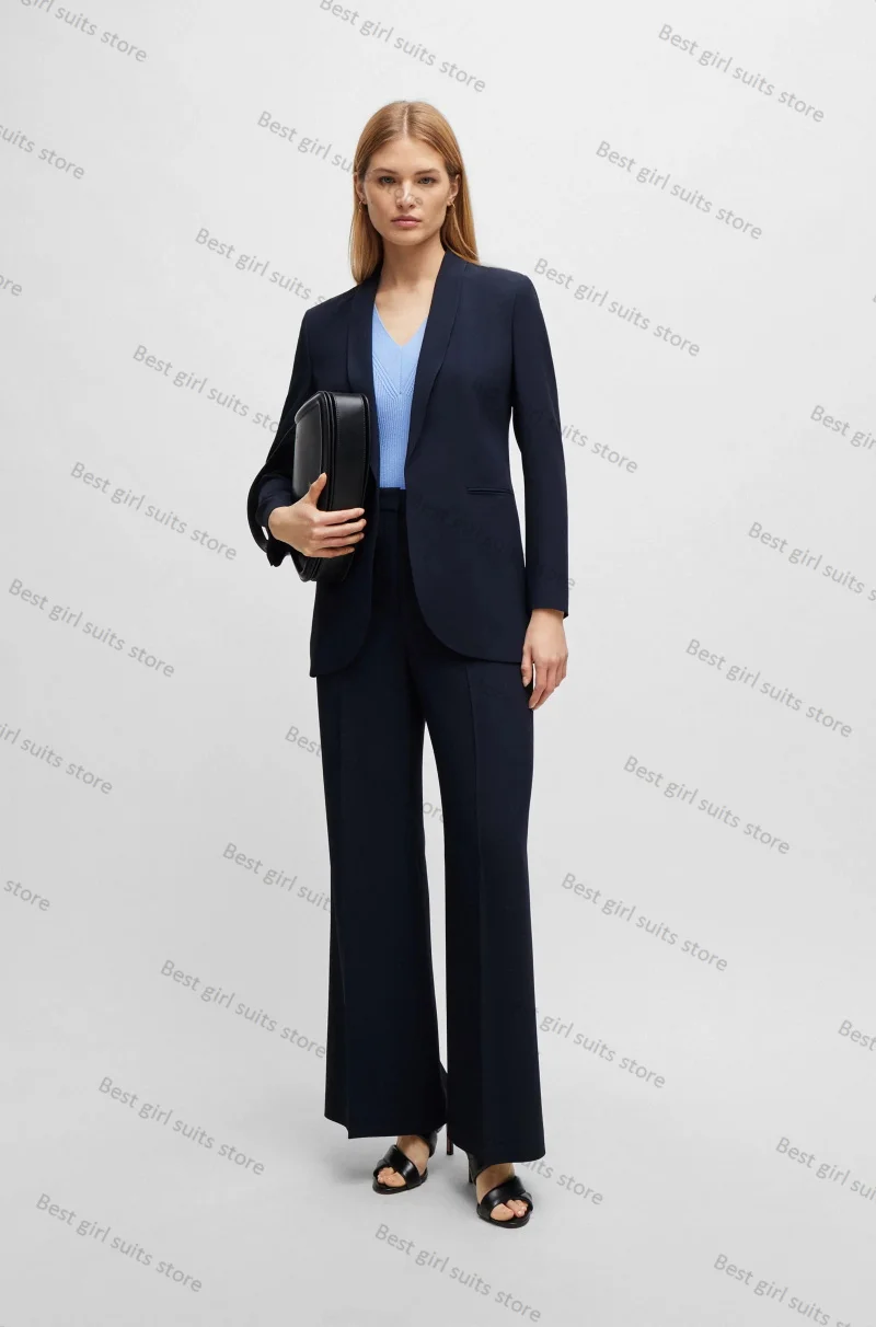 

Navy Blue Formal Women Suit Pants Set 2 Piece Blazer+Trousers Cotton Business Office Lady Jacket Customized Wedding Tuxedos Coat