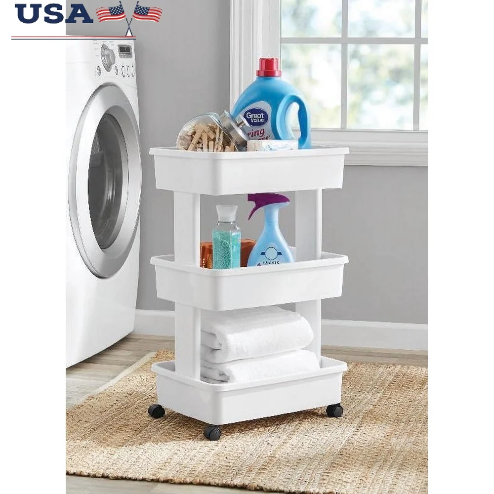 3-Tier Rolling Laundry Cart Lightweight Plastic Storage Organizer with Smooth Rolling Wheels Home Office Use
