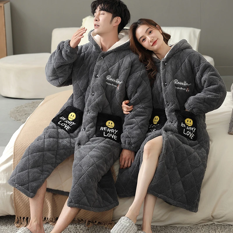 Couple Hooded Bathrobe Winter 3 Layer Clip Cotton Pajamas Set Loose M-3XL Women And Men Robe Homewear