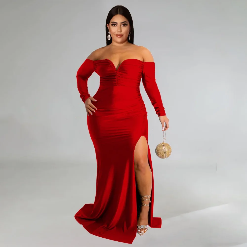 KEXU Sexy High Split Elegant Evening Dresses Plus Size Women Celebrity Party Maxi Dress Full Sleeve Strapless Bodycon Long Dress