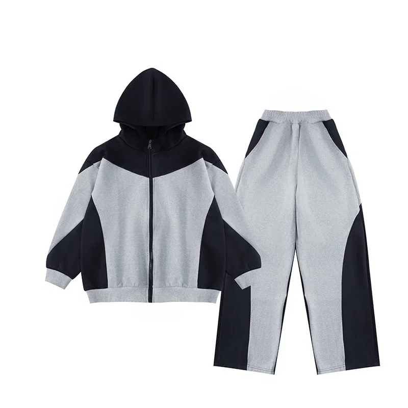 2025 مجموعة ملابس الخريف والشتاء للأطفال الأولاد سترة مرقعة للأطفال بقلنسوة + بدلة رياضية فضفاضة باللون الرمادي الطويل 4 8 10 12 14 سنة