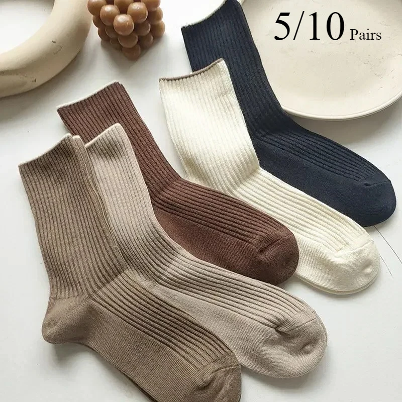 

5/10 пар новых японских носков, однотонные женские повседневные хлопковые носки, осенние простые женские носки средней длины