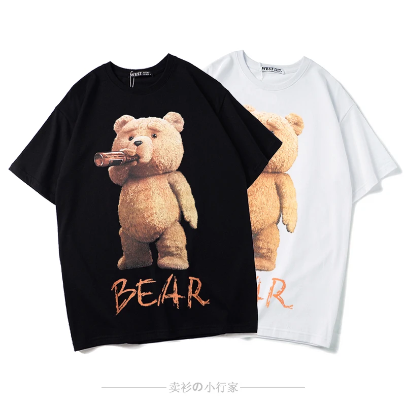 New Summer Trendy Brand Spoof Cartoon Bear Printing Short-sleeved Men's and Women's Pure Cotton Loose Casual T-shirt Trendy Top