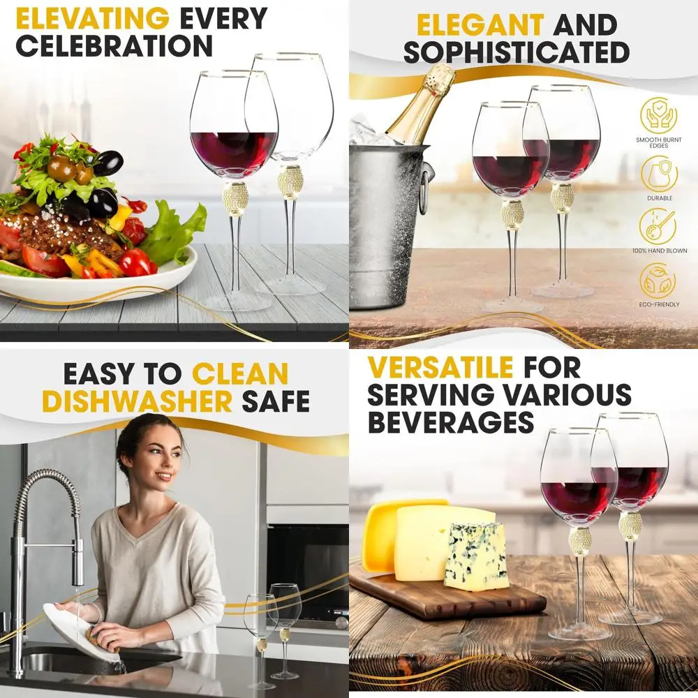 

Set of 6 Crystal Stem Wine Glasses with Gold Rims and Rhinestone Accents, 18 oz