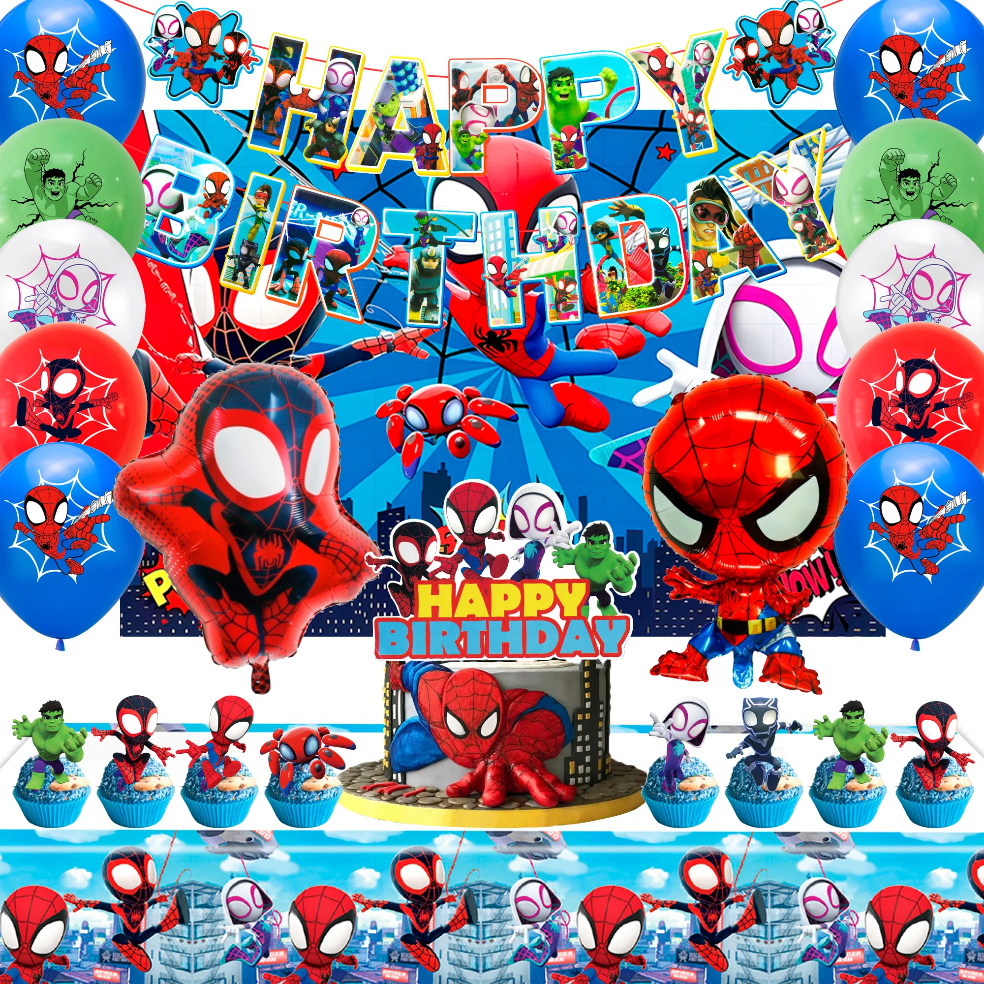 Suministros para fiestas del Pequeño Spiderman de Marvel, 30 piezas de suministros para fiestas de Spiderman y sus amigos, pancarta con globos, mantel, etc., decoraciones para fiestas