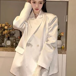 High Sense Satin Jacket Women 2024 Spring Autumn Small Korean All Loose Casual Suit Top Women's Clothing White Simple Coats