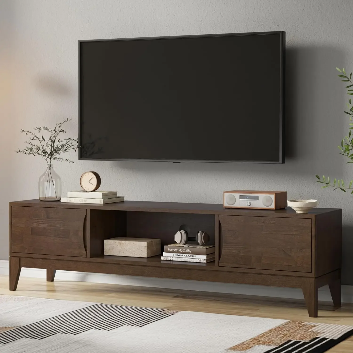 Harper Solid Hardwood 72 inch Wide Mid Century Modern TV Media Stand in Walnut Brown for TVs up to 80 inches