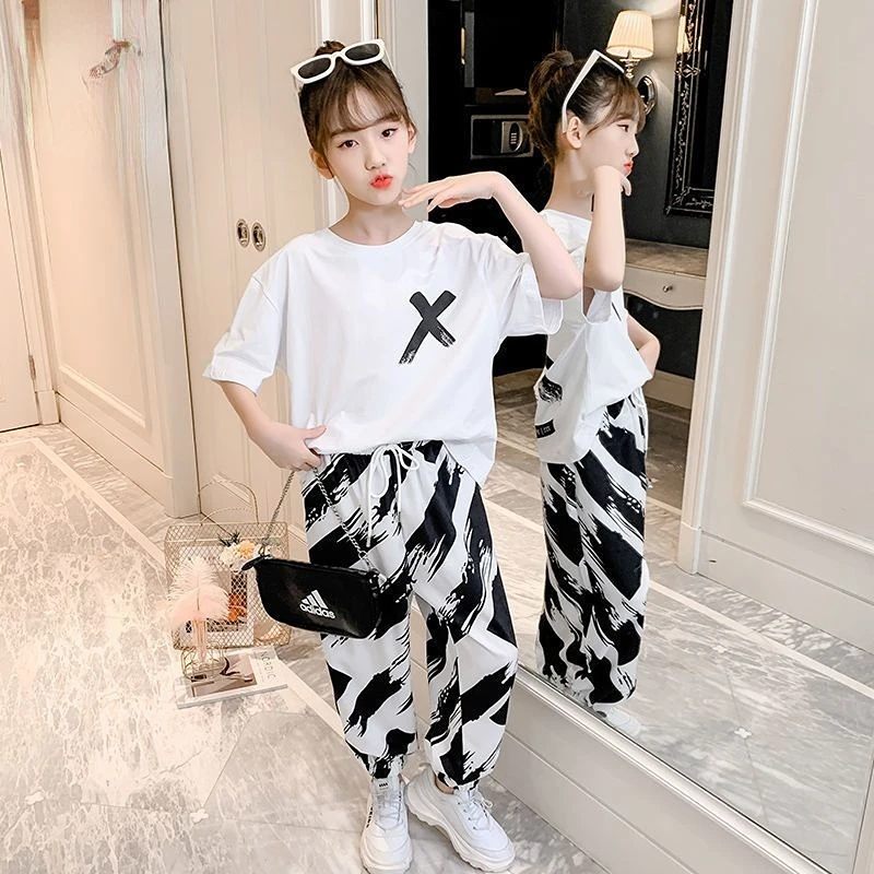 Girls Summer Casual Sports Suit Childrens Korean Style Fashionable Short-sleeved Cropped Pants Two-piece Suit Kids Sets 7 11 12y