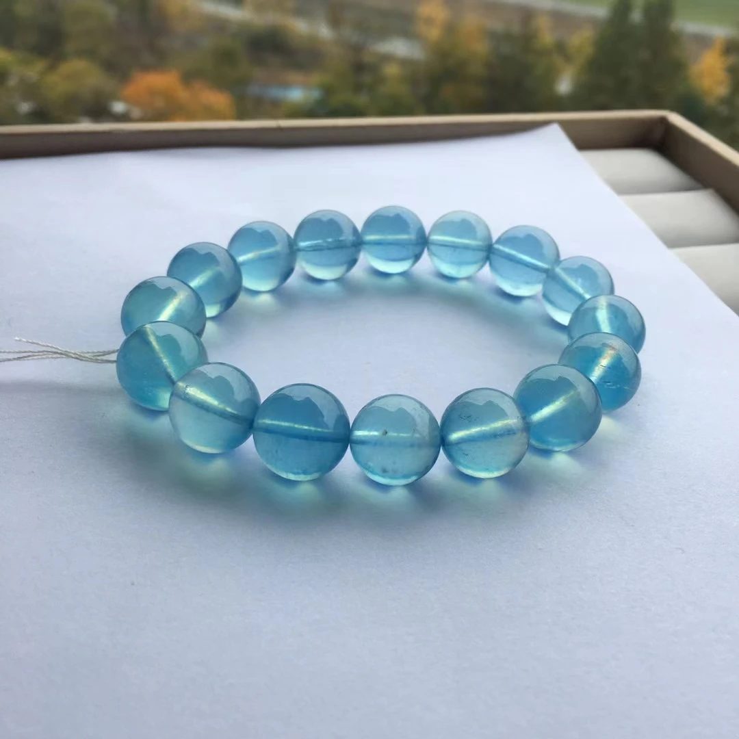 Natural Deep Blue Aquamarine Round Beads Bracelet 13mm Women Men Gift Fashion Brazil Deep Blue Aquamarine Jewelry AAAAA