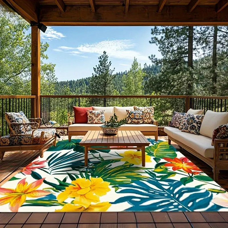Tropical floral rug: yellow-blue crystal velvet, washable, non-slip, multi-use, gift-worthy.