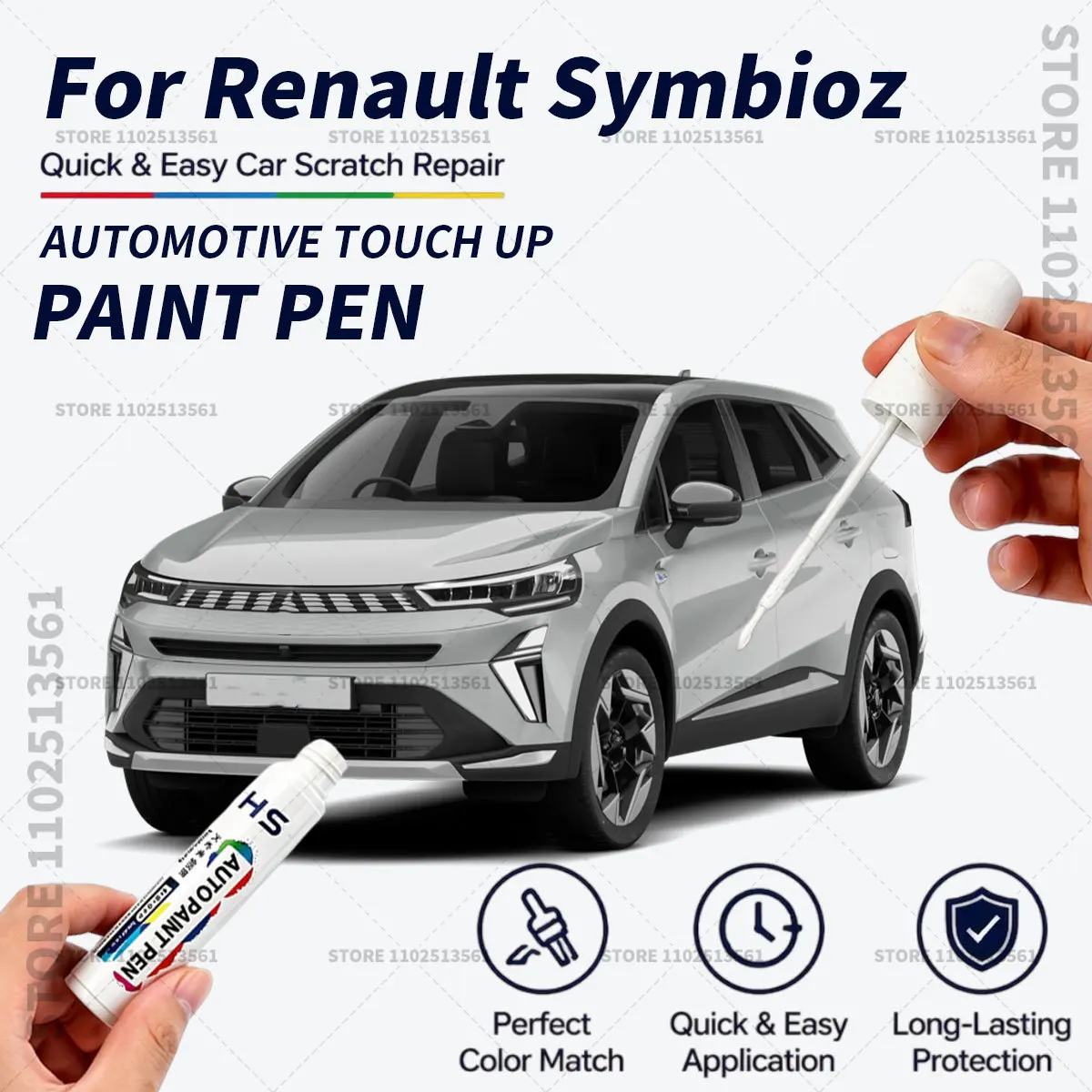 For Renault Symbioz Black White Quick Dry Car Touch Up Paint Pen Auto Scratch Repair Brush for Paint Chips Scratches and Scuffs