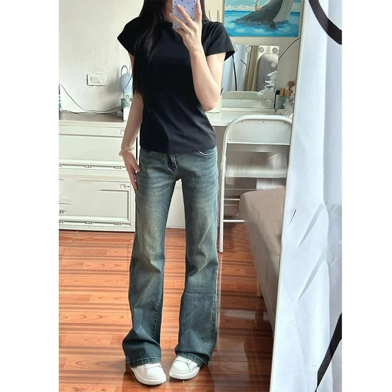 White Jeans For Women Straight Blue Casual Retro 2000S American Distressed Hole Ripped Female Clothing Unisex Basic Simple Long