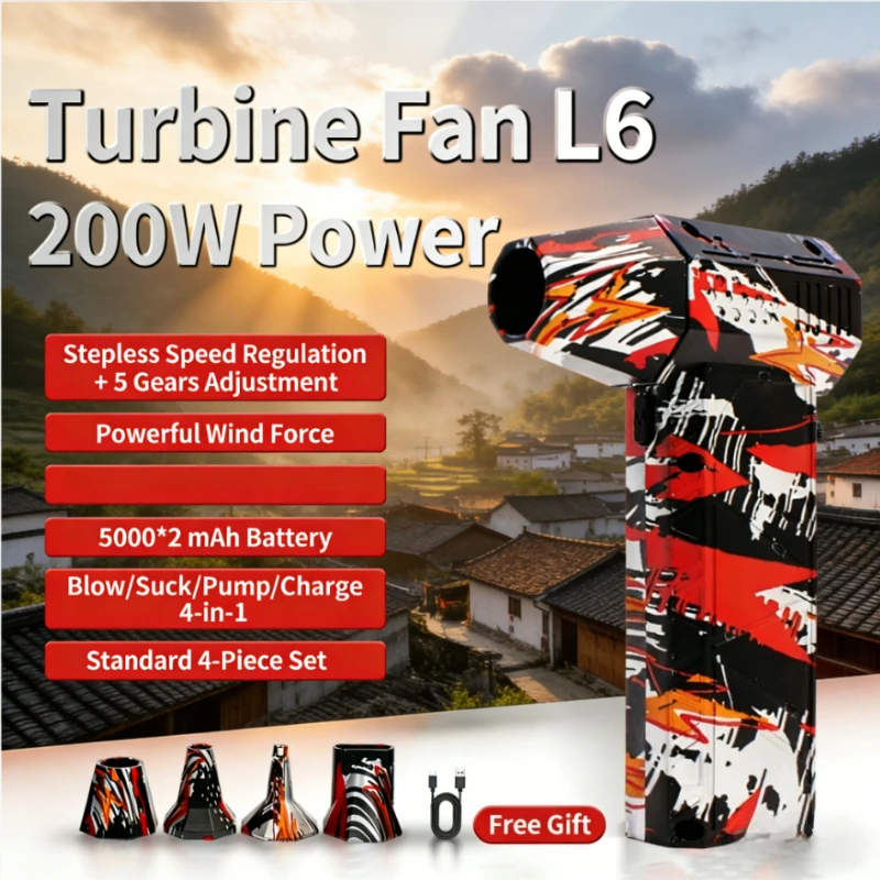 

Turbine Fan L6 200W High-Power 4-in-1 Tool: Blow/Suck/Pump/Charge, Dual 5000mAh Battery & 4-Piece Accessory Set